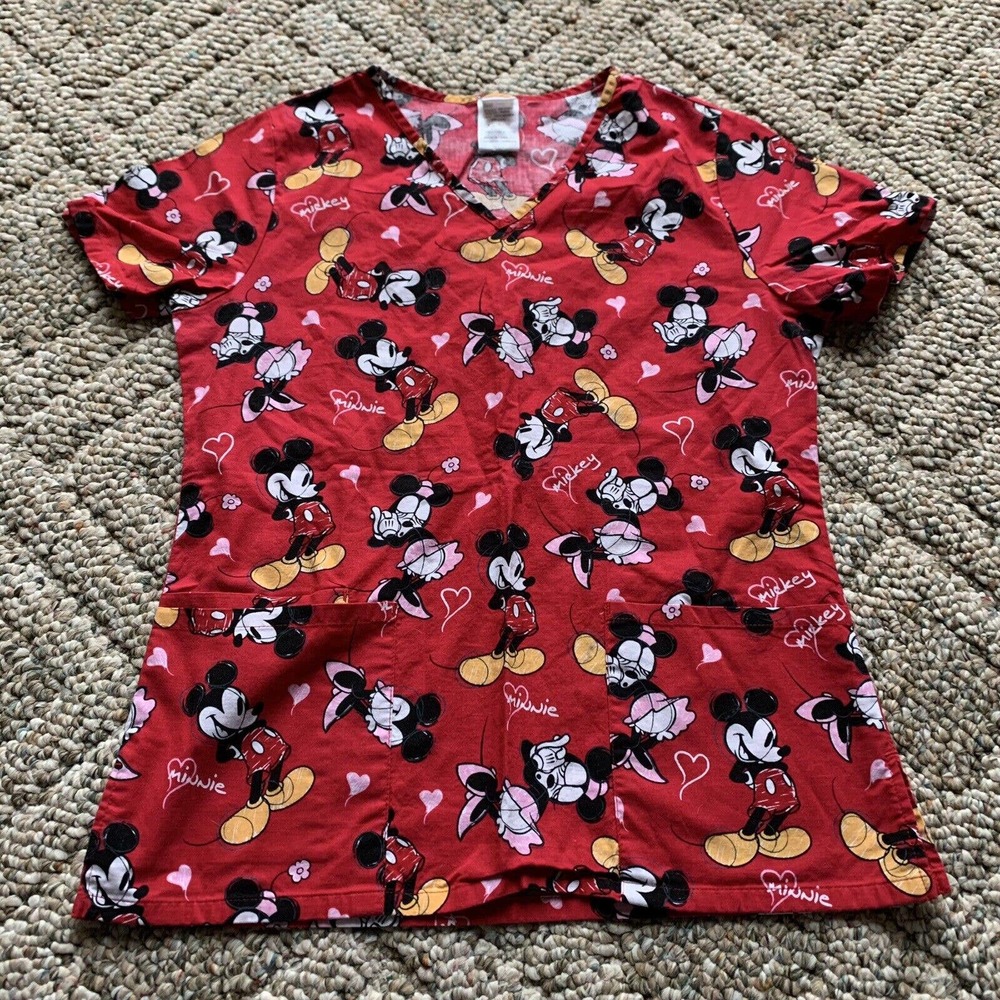 Disney Womens XSmall 100% Cotton Mickey Minnie Hearts Medical Scrub Shirt Top